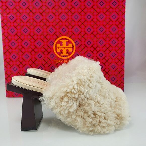 NWT$398 Tory Burch Block T 80mm Heel Shearling Heeled Mules Sandals Shoe Sz 5 - Picture 7 of 15